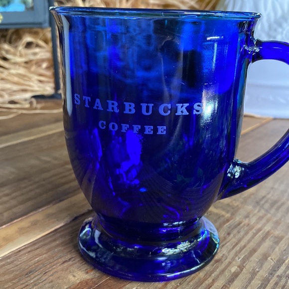 Starbucks Cobalt Blue Glass Starbucks Coffee Etched Footed Handled Mug 16 oz - Picture 10 of 16